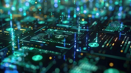 Fototapete - A futuristic digital circuit board with glowing lights and complex patterns, showcasing advanced technology and innovation.