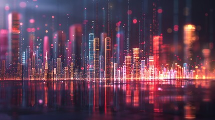 Poster - Abstract digital cityscape with colorful lights and futuristic design, perfect for technology and innovation concepts.