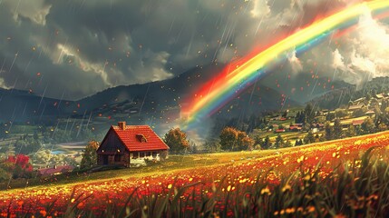 Sticker -   A painting of a house in a field under a radiant sky and cloud, featuring two stunning rainbows