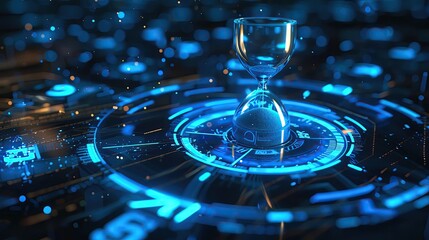 Poster - Digital hourglass on a futuristic holographic interface representing technology and time management in a virtual world.