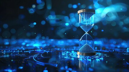 Poster - A futuristic hourglass surrounded by a glowing blue digital abstract background, symbolizing time, technology, and innovation.