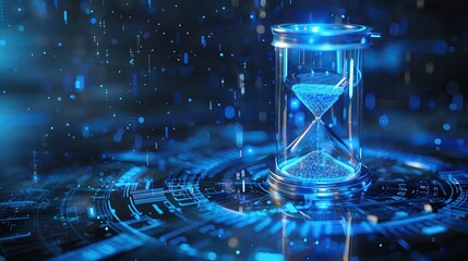 Poster - Digital hourglass with blue futuristic network background, representing time management, technology, and innovation.