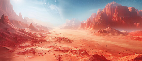 Wall Mural - An alien landscape with red sandy terrain, sharp rock formations, a massive planet dominating the sky, and multiple moons in a star-filled sky