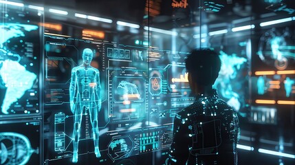 Poster - Futuristic virtual interface displaying holographic data, hologram of human, technology concept.