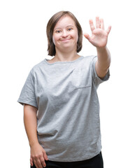 Sticker - Young adult woman with down syndrome over isolated background showing and pointing up with fingers number five while smiling confident and happy.