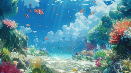 Poster -   Underwater painting featuring vibrant coral reefs, diverse marine life, and lush seaweed