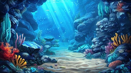 Poster -   An underwater painting featuring rocks, corals, and various marine life at the water's bottom