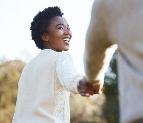 Canvas Print - Black woman, walk and holding hands in countryside for love, holiday and adventure or camping trip. Vacation, couple and happy together outdoor for support, comfort and wellness for care in forest