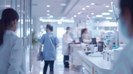Poster - Out-of-focus hospital staff in a busy clinic, with a light color palette and modern medical equipment visible in the background