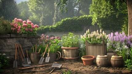 A vibrant garden with a mix of blooming plants like pink hydrangeas, white flowers, and purple wildflowers. scattered tools hint at recent gardening