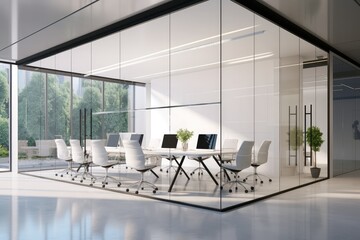 Interior of modern meeting room with glass walls, tiled floor and rows of white computer tables. 3d rendering