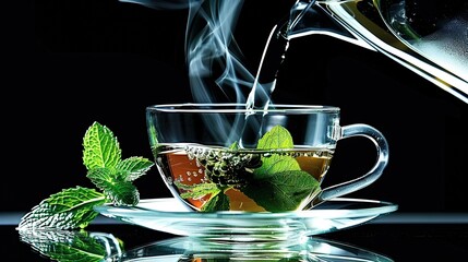 Wall Mural -   A cup of tea is being poured into a green-leafed and mint-garnished glass saucer