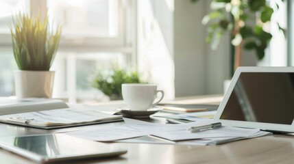 Poster - Desk with paperwork, tablet, and coffee cup, modern office, plenty of copy space, bright atmosphere