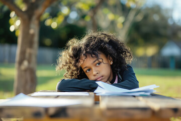 Young Black girl with curly hair sitting at a picnic table outdoors, resting her head on her arms. Thoughtful expression and scattered papers create a serene and contemplative atmosphere