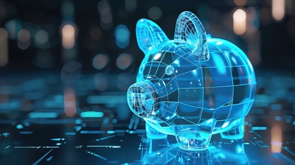 Poster - Digital piggy bank hologram representing finance technology and savings innovation in a futuristic setting.