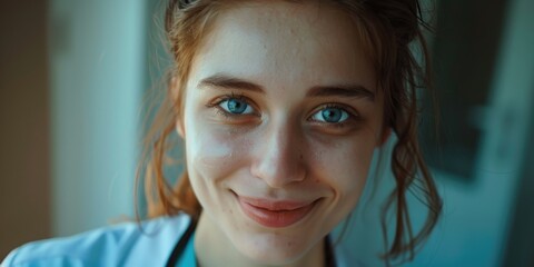 Wall Mural - A woman with blue eyes and red hair is smiling. She is wearing a white lab coat. Concept of happiness and warmth