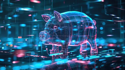 Poster - 3D holographic pig representation in a futuristic digital environment with vibrant glowing neon lights and binary codes.