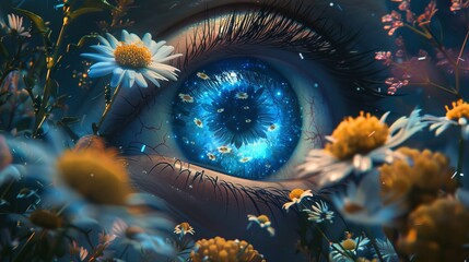 Wall Mural - A blue eye with a flowery background