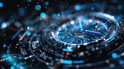 Poster - Futuristic and vibrant digital illustration depicting a high-tech interface with glowing blue elements and intricate, abstract patterns.