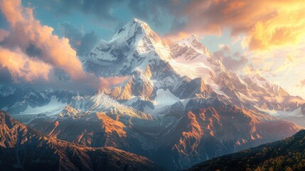 Wall Mural - A majestic mountain range with snow-capped peaks, bathed in the golden light of the setting sun.