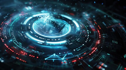 Poster - Futuristic interface with glowing holographic elements and data visualizations in a high-tech digital environment.