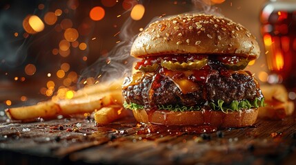 Wall Mural - Close-up of home made tasty burger with french fries and fire flames.