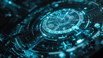 Poster - Futuristic digital interface with glowing blue technological patterns, representing advanced technology, innovation, and data science.