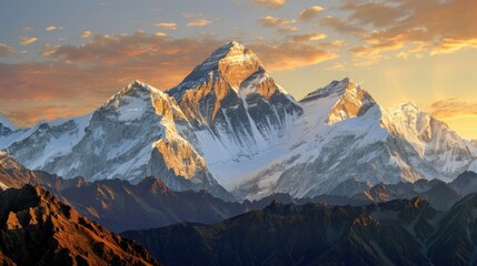 Wall Mural - A majestic mountain range with snow-capped peaks, bathed in the golden light of the setting sun.