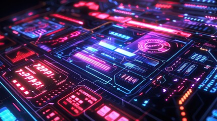 Fototapete - Futuristic digital interface with neon lights and high-tech elements, showcasing advanced technology and data visualization.