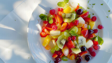 Wall Mural - A colorful fruit salad arranged artistically on a pristine white plate, with vibrant hues of assorted fruits glistening under natural sunlight