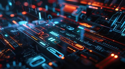 Poster - Futuristic digital interface with complex algorithms and neon lights, representing technology and innovation in a high-tech environment.