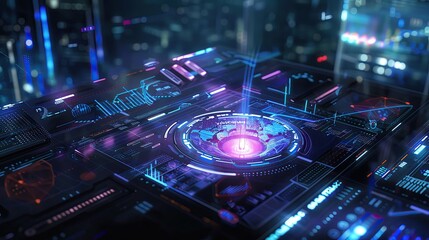Fototapete - Futuristic digital interface with neon lights and holographic elements in a high-tech cityscape. Concept of technology and innovation.