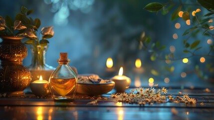 Relaxing ayurvedic massage session with herbal oils, cozy spa setting, soft lighting, serene atmosphere