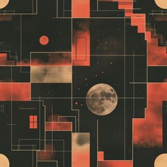 Wall Mural - Abstract Cosmic Architecture: Red and Black Geometric Universe Artwork