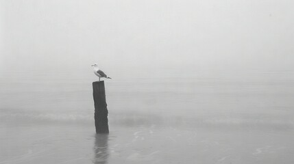 Canvas Print -   A monochrome picture depicts a seabird perched atop a dock amidst a vast expanse of water