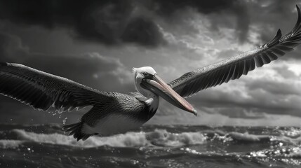 Poster -  A black-and-white image of a pelican soaring over water, with clouds in the backdrop