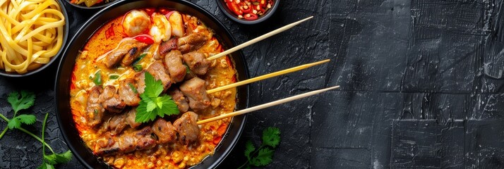 Wall Mural - Appetizing laksa and satay Malaysian and Indonesian cuisine dishes photographed on a clean,minimalist studio background with ample copy space for advertising,marketing,or wallpaper use. - Appetizing l