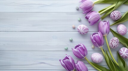 Poster - Purple tulips and Easter eggs on light wooden table perfect for Easter postcard