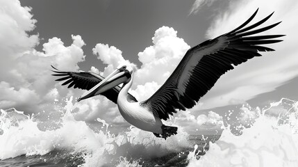 Poster -   Black & White image of a Pelican flying over the Ocean with Cloudy Sky