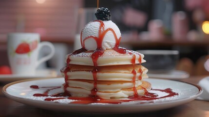 Wall Mural -   A stack of fluffy pancakes smothered in sweet syrup and sprinkled with powdered sugar