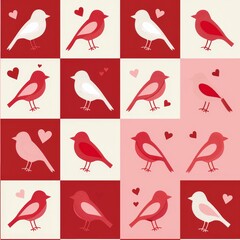 Wall Mural - Romantic Red and White Birds on Pastel Backgrounds with Hearts