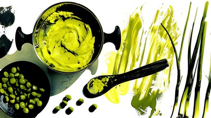 Wall Mural -  A table adorned with bowls of colorful food and spoons laden with yellow food coloring, alongside vibrant green sprinkles