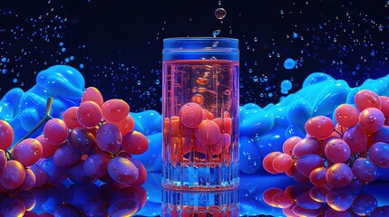 Wall Mural -   Glass of water beside grapes on a blue-red background with bubbles