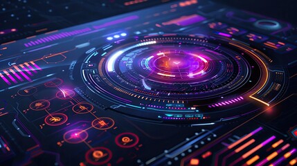 Poster - Futuristic digital technology interface with vibrant neon lights and dynamic elements, perfect for illustrating modern tech concepts.