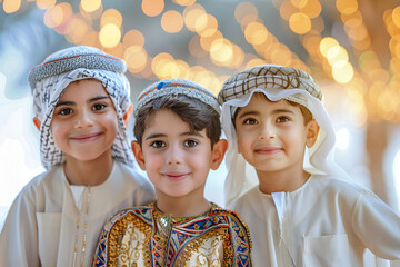 Sticker - Three smiling Arab boys in traditional attire under festive lights