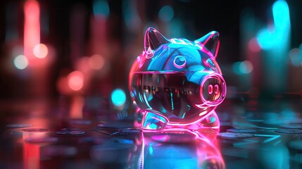 Poster - Futuristic neon glass piggy bank illuminated in glowing blue and pink light, representing savings and finance in a modern digital era.