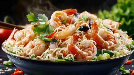 Wall Mural -   A bowl of shrimp noodle salad with chopsticks and parsley