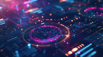Poster - Futuristic technology background with glowing circuit board elements, vibrant neon lights, and digital patterns in blue and pink hues.