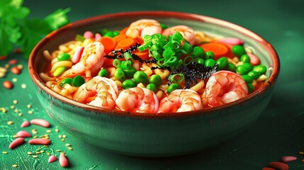 Wall Mural -   A bowl of pasta with shrimp, peas, carrots, and peas on a green surface with sprinkles
