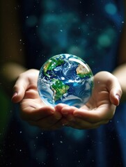 Wall Mural - A person is holding a globe in their hand. The globe is made of glass and is filled with water. The person is wearing a blue dress